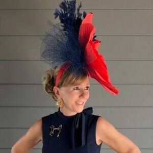 Stunning red and navy statement fascinator for Derby!
